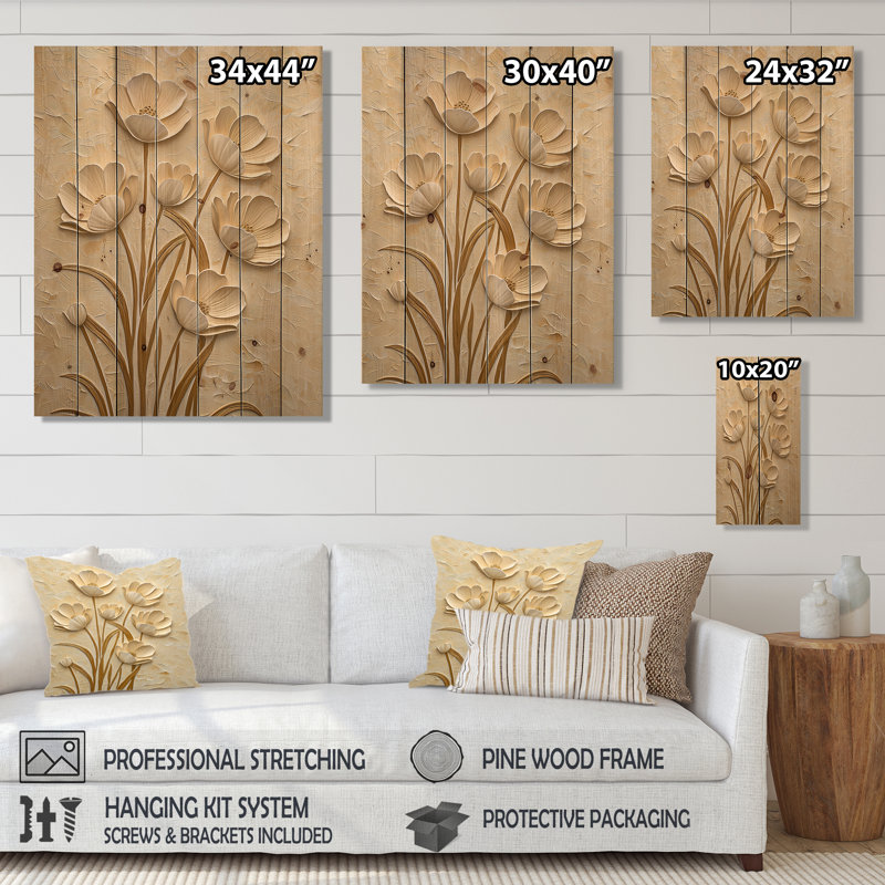 Minimal Cream Buttercup Field III - Buttercups Beige Wood Print On Natural Pine Wood, 44" H x 34" W x 0.78" D