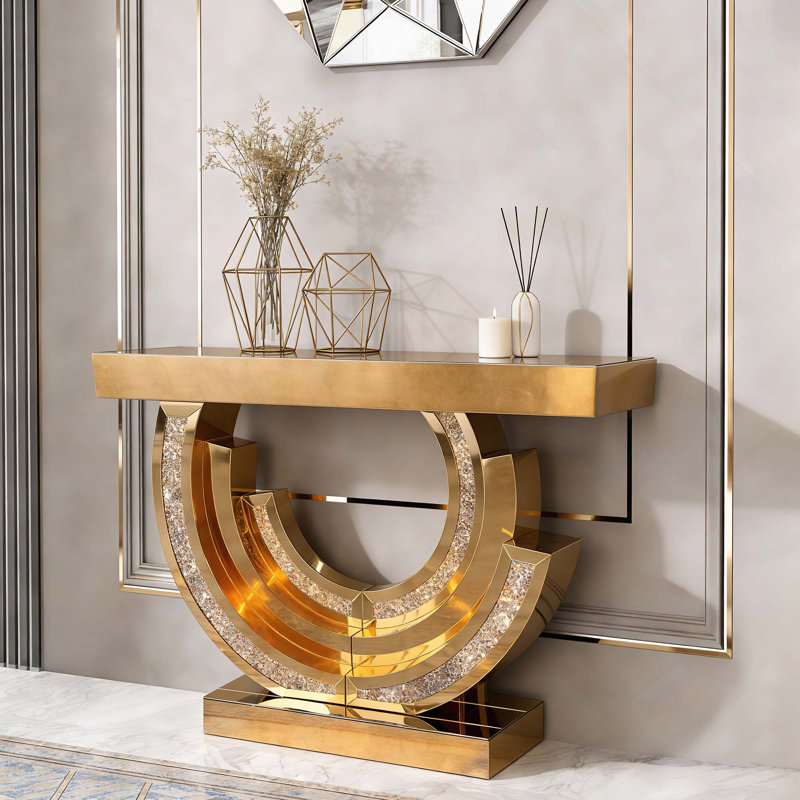 Console en verre à miroir avec miroirs polis à la main et incrustation de diamant pour la décoration intérieure, Brun
