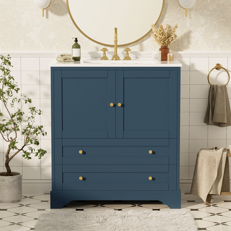 30'' Bathroom Vanity with Ceramic Sink Combo, Modern Freestanding Storage Cabinet with Gold Handles, Soft Closing Doors