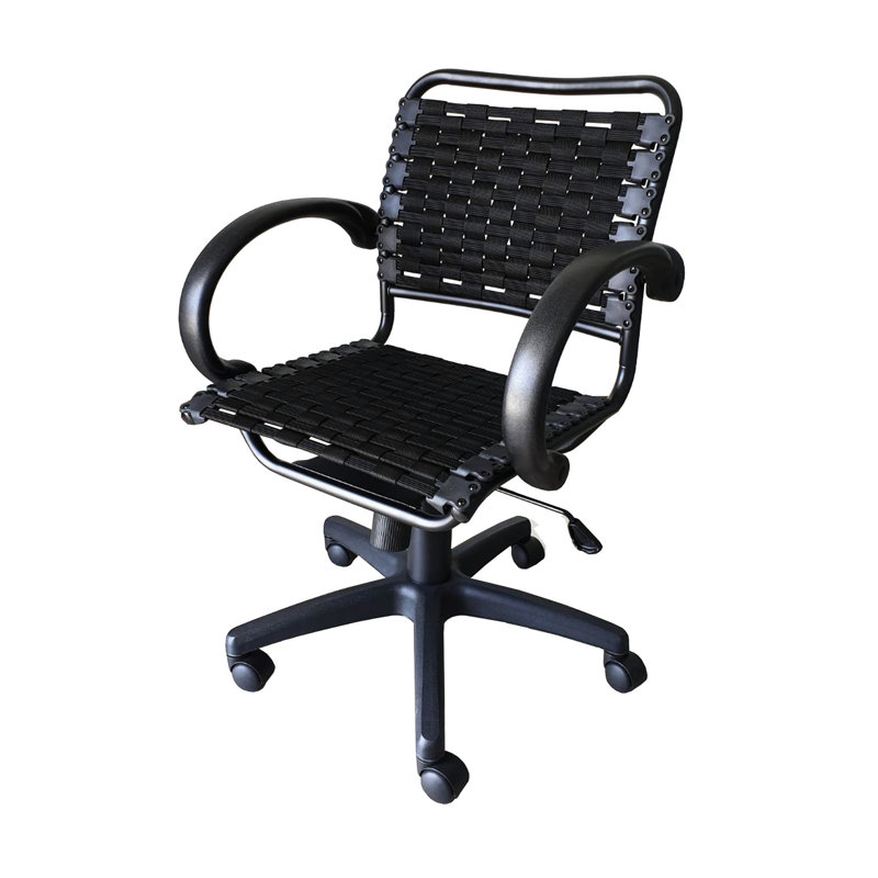 Fauteuil de bureau noir à accoudoirs élastiques avec structure en acier, revêtement thermolaqué, rubans en polypropylène, base en nylon, confort ergonomique moderne