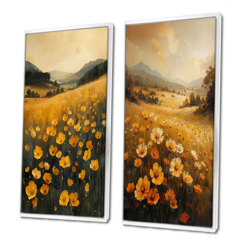 Ensemble de 2 pièces d'art jaune jaune et vert Sunlit Meadow I - Buttercups, H 32 po x l 32 po, Impression encadrée, Blanc