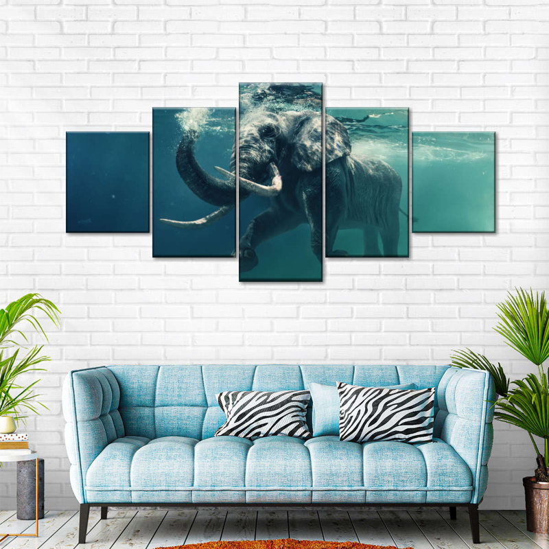Swimming Elephant Wall Art Multi Piece Canvas Print, H 24 po x l 55 po x P 1,25 po