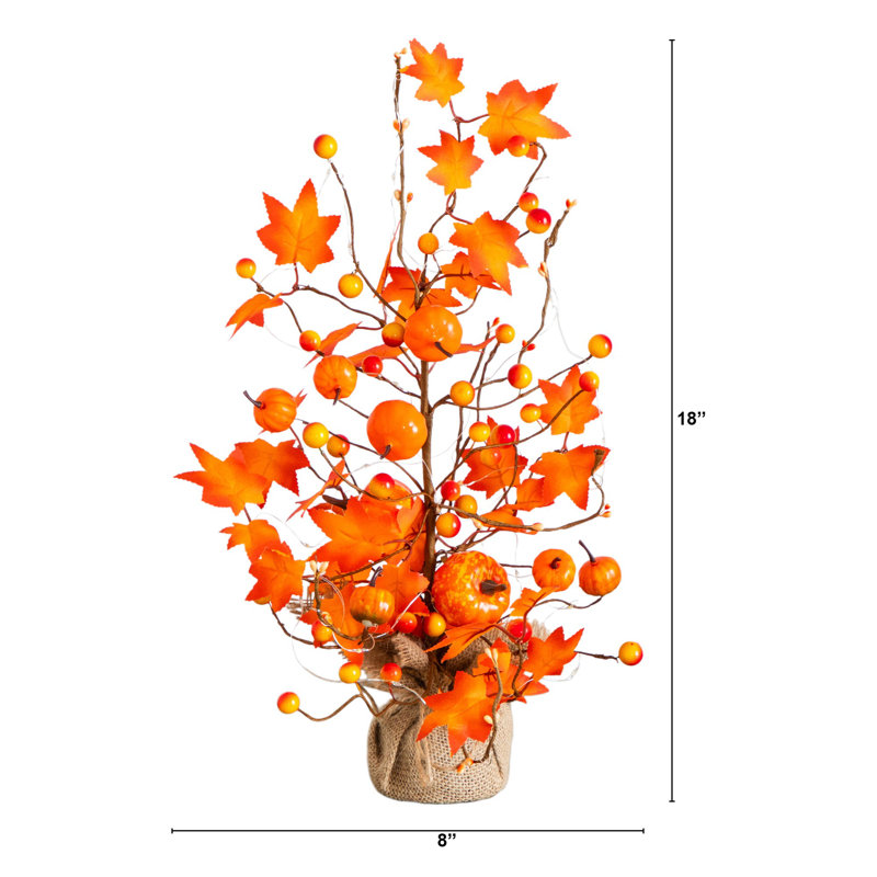 18In. Pre-Lit Artificial Maple Tree With Pumpkin Ornaments And 30 LED String Lights In Burlap Wrapped Base