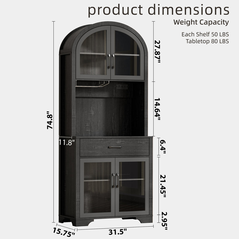 Huche de garde-manger 75 po avec portes et tablettes en verre arqué, garde-manger en bois pour la salle à manger, noir