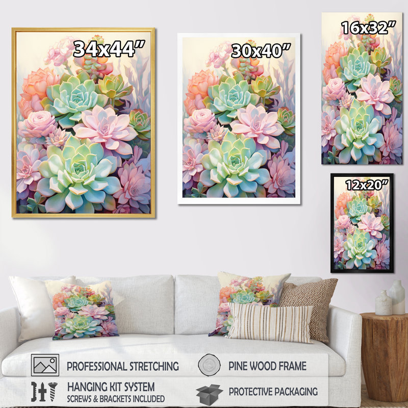 «Daerion Green Pink Succulents Succulent Serenade», reproduction sur toile, Cadre simple noir, H 20 po x l 12 po x P 1 po