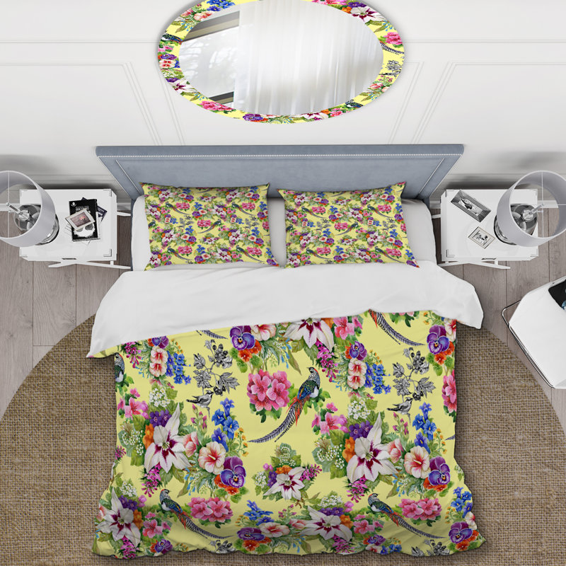 Multicolore oiseaux et fleurs - Ensemble de housse de couette floral - Microfibre de polyester