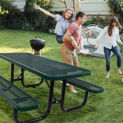 Table de pique-nique rectangulaire de 6 pieds avec structure en acier, pour toutes les activités de plein air, réunions spacieuses de conception de 72 pouces, surface métallique facile à nettoyer, convenable pour le jardin, le patio, la construction de terrains de camping