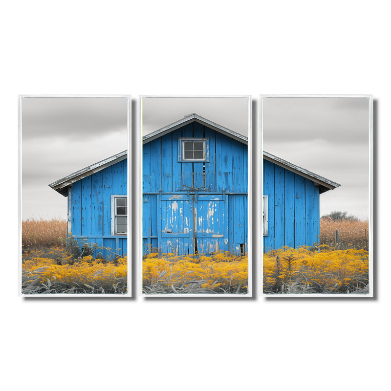 Ensemble de salon art mural grange d'automne bleu gris, Cadre flottant blanc, H 32 po x l 48 po x P 1 po