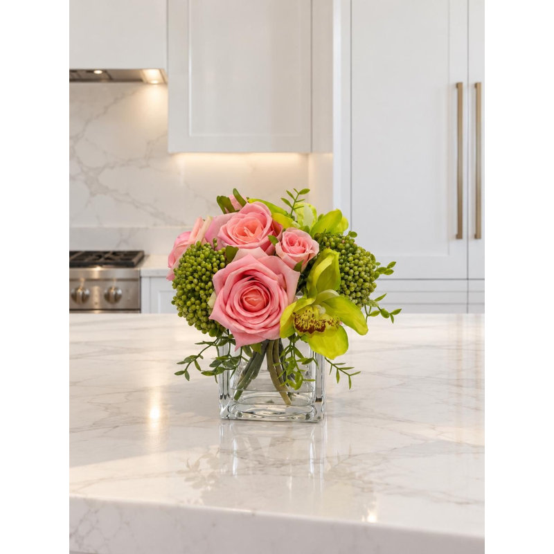 Pink and Green Real Touch Rose Orchid Centerpiece in Glass Vase