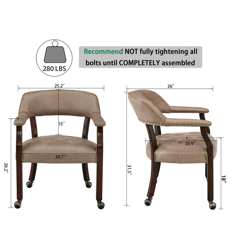 Swivel Tufted Dining Chairs With Casters And Arms, Light Brown, Espresso, 2