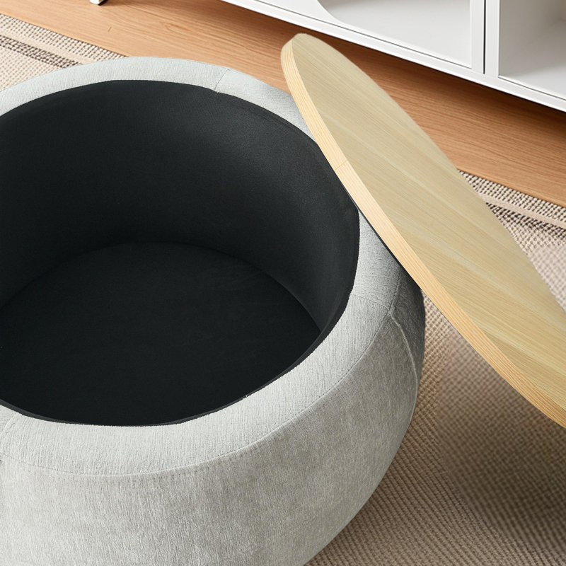 Round Storage Ottoman, 2 In 1 Function, Work As End Table And Ottoman,with Small Seat, Natural, Gray