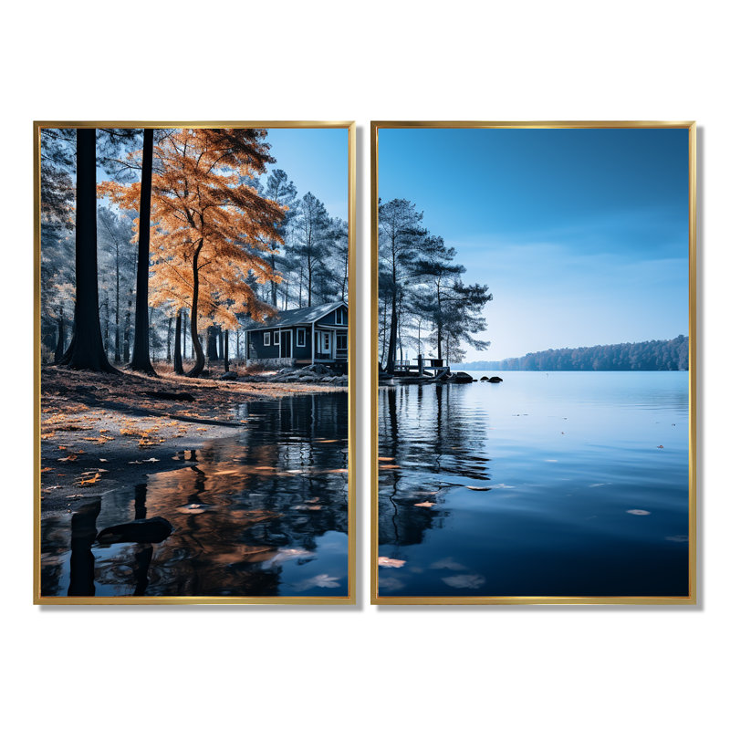 Lake Blue Lakeside Whispers - art mural bleu, H 36 po x l 48 po, Cadre flottant, Doré