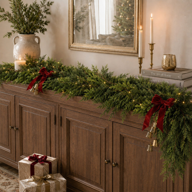 Guirlande de Noël artificielle en cyprès de 1,8 m (lot de 2), imitation pin d'hiver réaliste, verdure persistante pour décoration de Noël intérieure et extérieure
