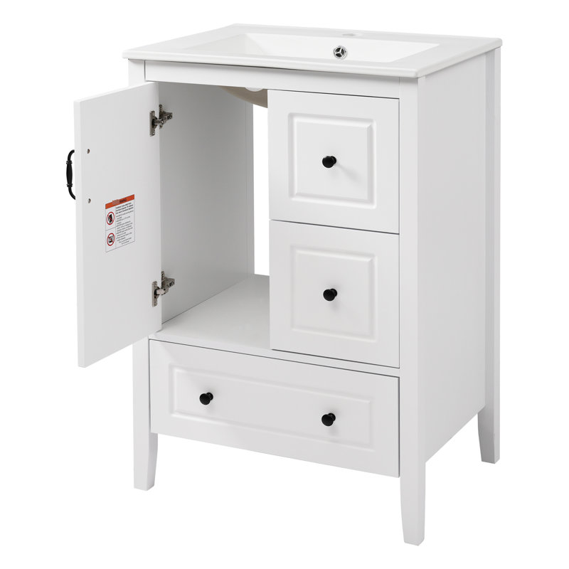 Meuble-lavabo blanc de 24 po avec lavabo en céramique lisse, armoire et tiroirs à fermeture en douceur, poignées en alliage d'aluminium autoportantes avec dossier ouvert nécessitant peu d'entretien pour la plomberie