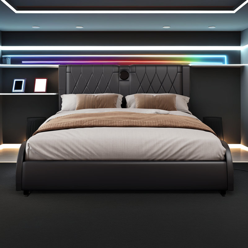 Lit intelligent avec haut-parleurs Bluetooth et lumières RVB - Lit plateforme en similicuir, tête de lit épaissie, aucun sommier nécessaire