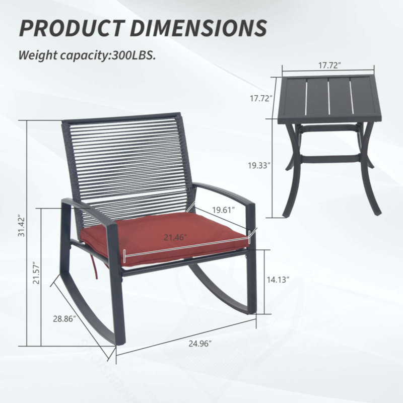 2-Person Outdoor Patio Bistro Metal Rocking Conversation Set With Table, Red