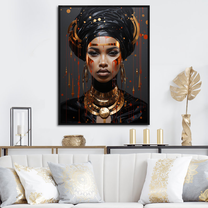 «Glass Gold and Black Woman Essence I», art mural africain, Cadre flottant noir, H 40 po x l 30 po x P 1,5 po