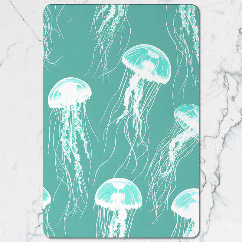 Set Of 12 Teal Jellyfish Placemat And Coaster Set With Wood Bottom