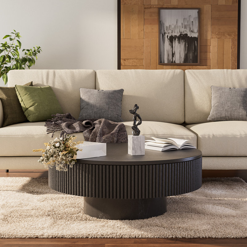 Table basse ronde cannelée Teajah faite à la main, Noir, noir, noir, noir, H 13,78 po x L 35,04 po x l 35,04 po