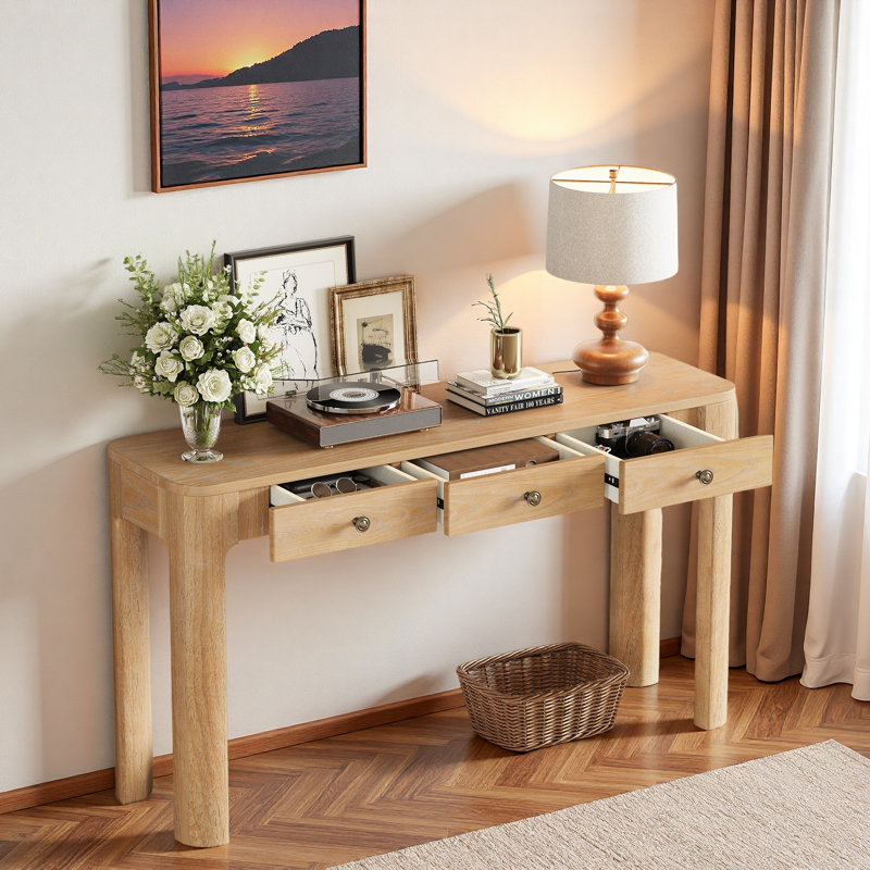 Console de style rétro avec coins arrondis, 3 tiroirs et pieds épais