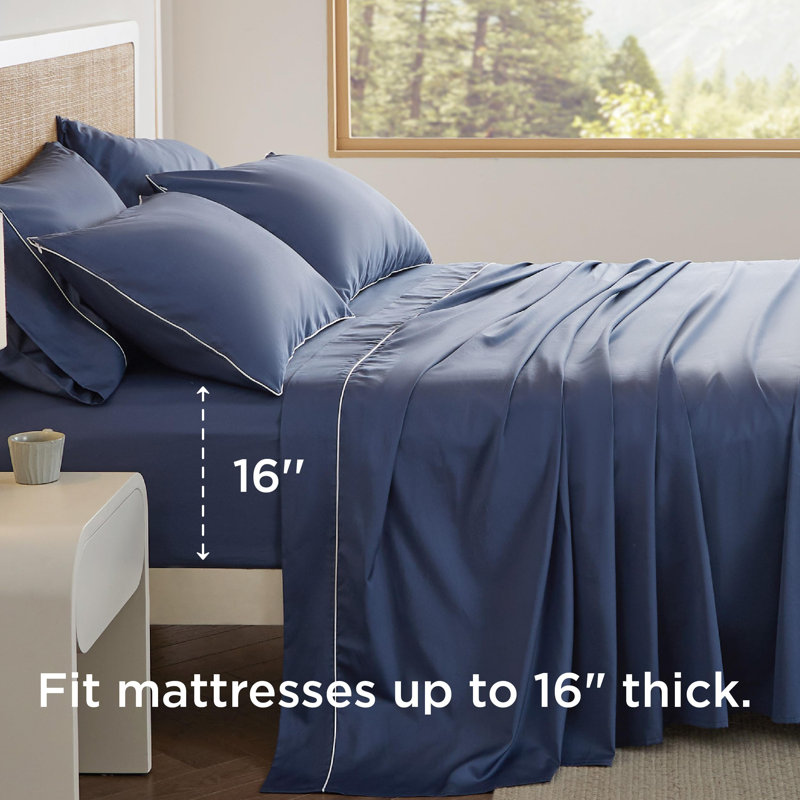 Draps 100% coton de literie - 6 pièces de draps en coton tissé en satin de coton, Bleu