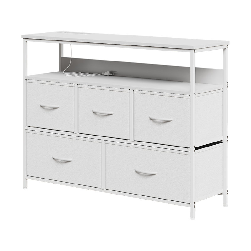 Multi-Function Steel-Wood 5-Drawer Storage Cabinet with Fabric Drawers, and Power Outlets, White