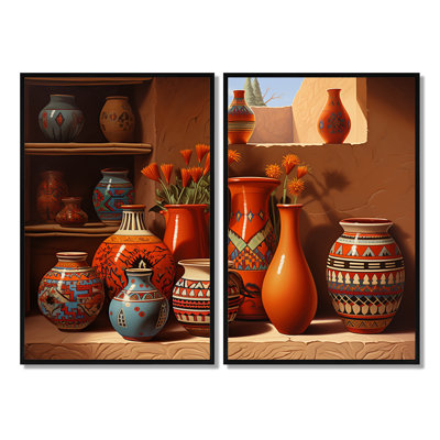 Vase mexicain en terre cuite à fleurs orange - grande fenêtre florale, art mural