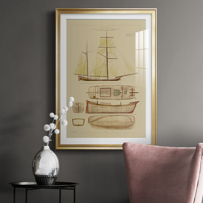 Antique Ship Plan IV, reproduction d'art encadrée, Encadrement doré, H 42,5 po x l 30,5 po x P 1 po
