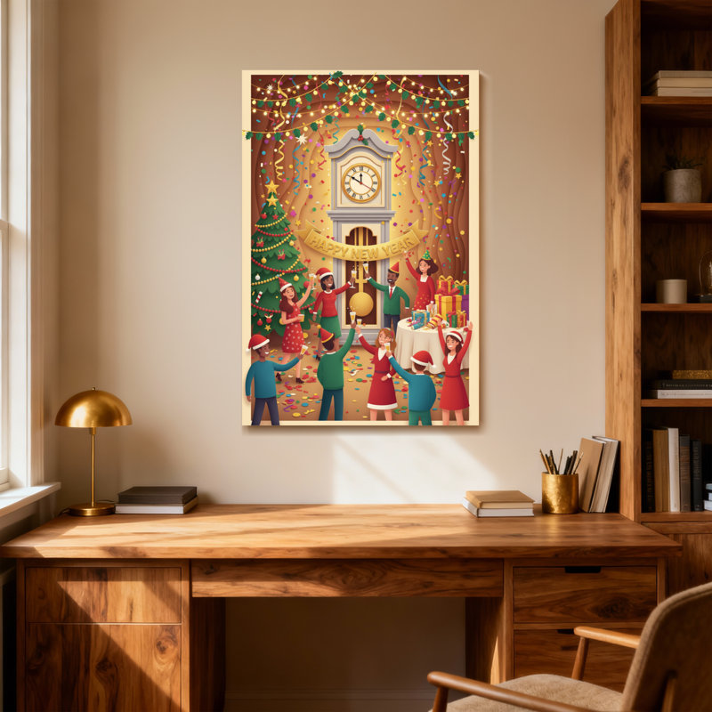 Scène de célébration de Noël avec horloge et arbre, H 18 po x l 12 po