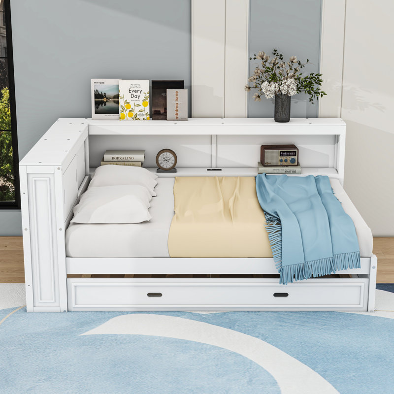 Full-Size Wooden Daybed with LED Light, Storage Shelves, USB Charging Station, and Twin Trundle, White