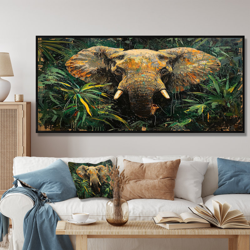 Tête d'éléphant dans la jungle I - éléphant, art mural, H 28 po x l 60 po, Impression encadrée flottante, Noir