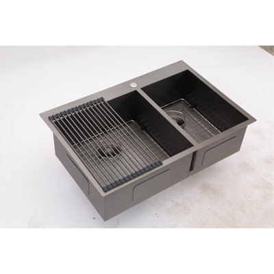 Double Bowl Drop In Sink 33X22, Gunmetal Black, Stainless 18 Gauge Steel Kitchen 33"X22", Excellent Corrosion Resistance
