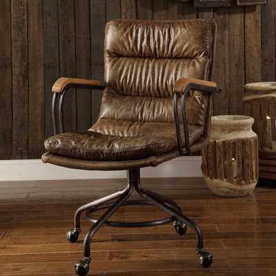 Chaise de bureau rectangulaire en cuir de style whisky rétro avec rembourrage en mousse et fonction pivotante rembourrée en métal