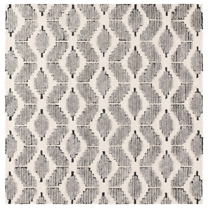 Kuljit Ebony Hand Tufted Wool/Cotton Geometric Rug in White/Gray, Square 6'