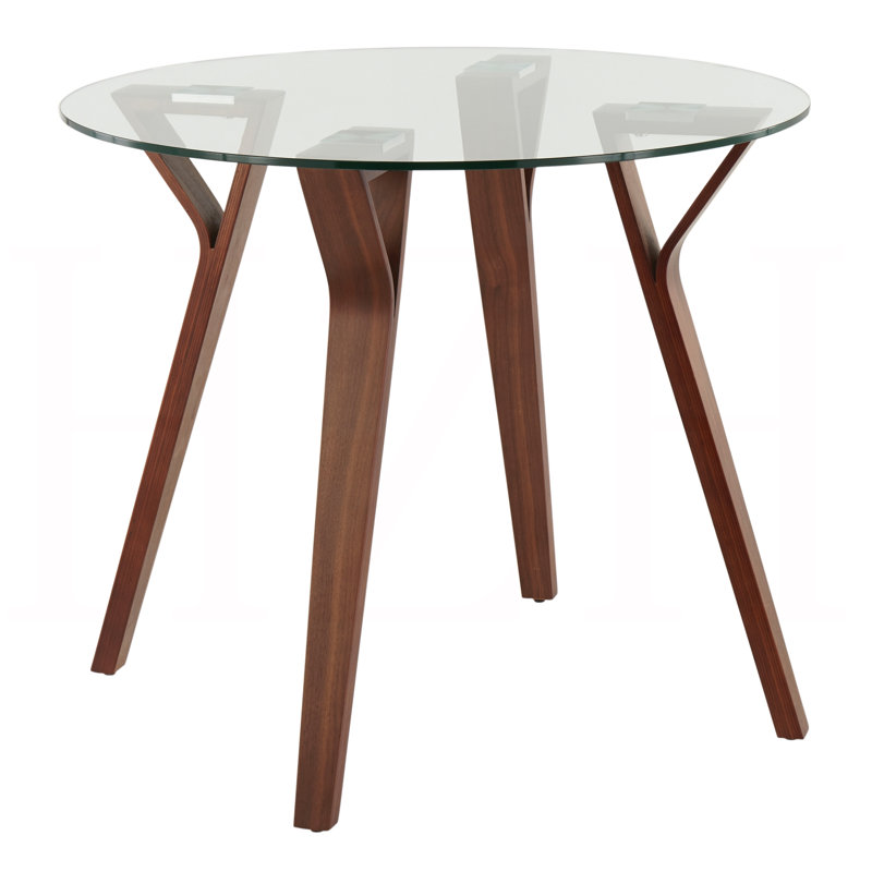 Table de salle à manger ronde Mid-Century moderne en bois de noyer et verre transparent