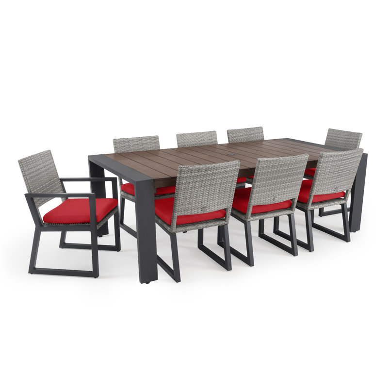 Sameko 9-Piece Rectangular Aluminum Patio Dining Set with Sunbrella® Cushions, Canvas Jockey Red Sunbrella® Canvas, Gray