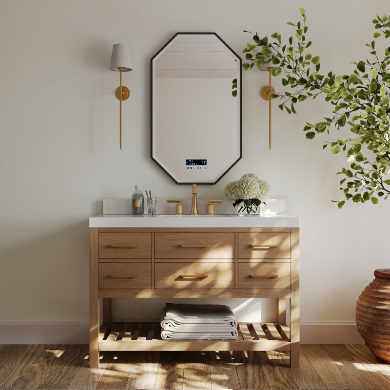 Ensemble de meuble-lavabo simple 48 po Carrie, Chêne / or rose, Quartz blanc pur