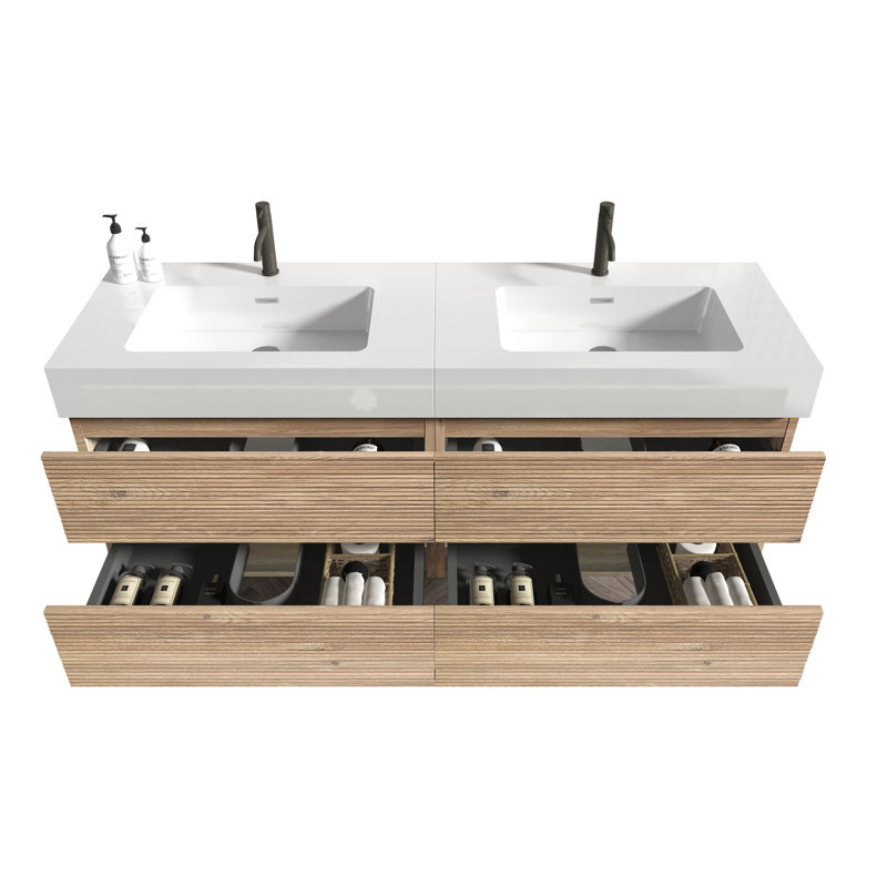 Meuble-lavabo 60 po Grace avec lavabo en quartz d'ingénierie en chêne et tiroirs noirs doux, Chêne, Blanc
