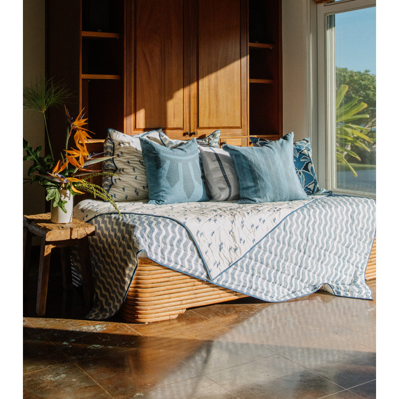 Reversible Block Print Surfer Quilt in Ocean, Queen