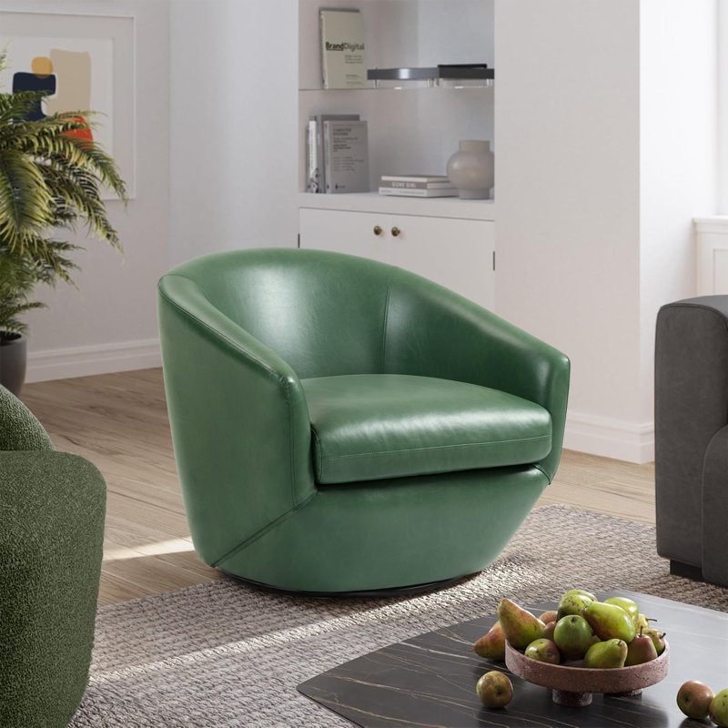 Aunna Faux Leather Swivel Barrel Chair, Green Faux Leather