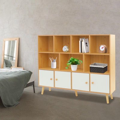 Storage Bookcase, Open Bookshelf With Solid Wood Legs, Standing Open Bookshelf With 11 Compartments