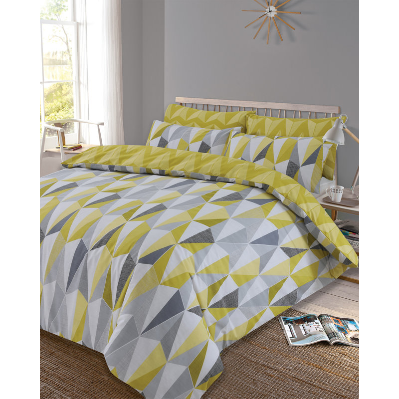 Metro Lane Alino Geometric Shapes Duvet Cover Set with Pillowcases, Kingsize Duvet Cover + 2 Standard Pillowcases, Yellow