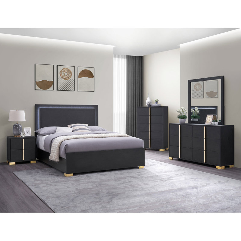 Tête de lit, commode et commode à finition noire de style contemporain à 5 chambres avec touche tactile, table de chevet, commode, miroir