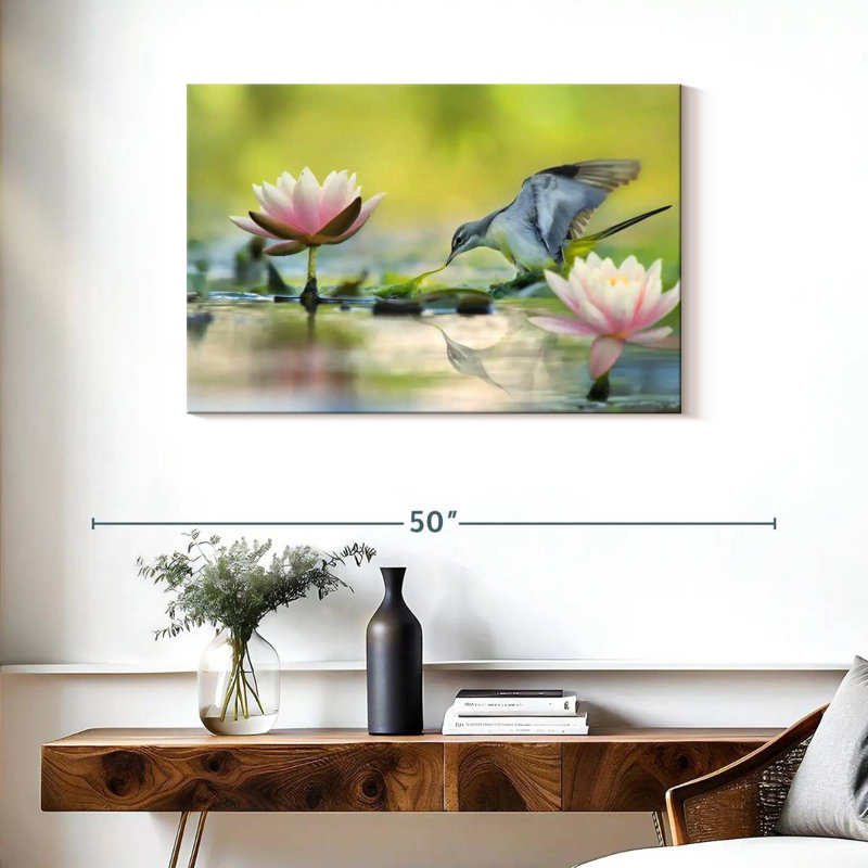 Bruyère lotus et oiseau gris, H 24 po x l 36 po