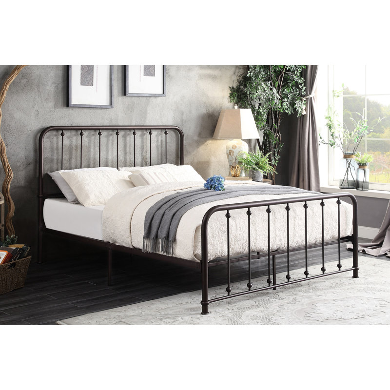 Dark Bronze Metal Queen Platform Bedroom Frame Bed With Bronze, Look, Queen