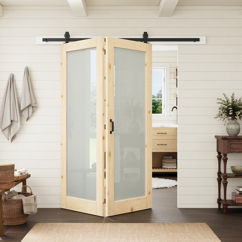 Porte en pin massif avec vitrage dépoli, 60 po x 80 po, et quincaillerie pour portes pliantes de style grange, idéale pour le garde-manger et le placard.