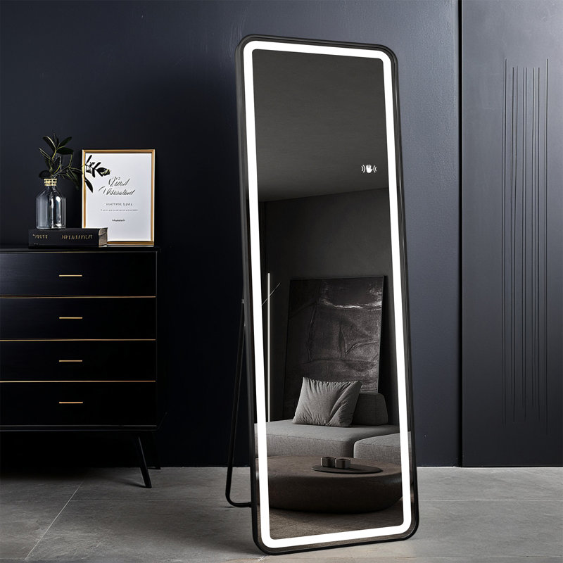Chrisna Led Metal Oversized Full Length Mirror Wall Mirror Hanging Or Leaning With Stand, Black