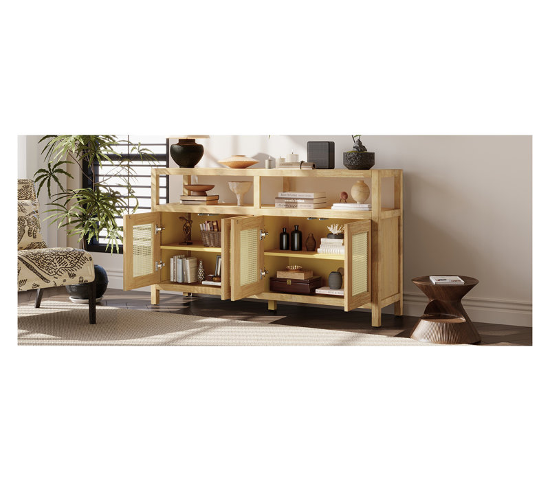Buffet en rotin naturel Trexm avec tablettes réglables et portes à pousser, armoire de rangement moderne Boho, Brun