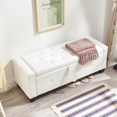 Banc avec repose-pieds 48 po avec rangement, banc pour chambre à coucher, salon, couloir, repose-pieds capitonné en similicuir PU blanc ivoire