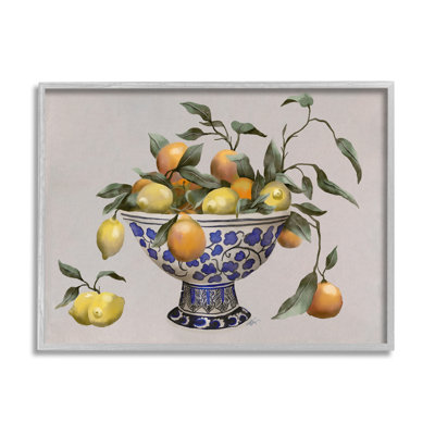 " Mixed Citrus Fruits Leaves Patterned Pottery Bowl " by Elizabeth Medley